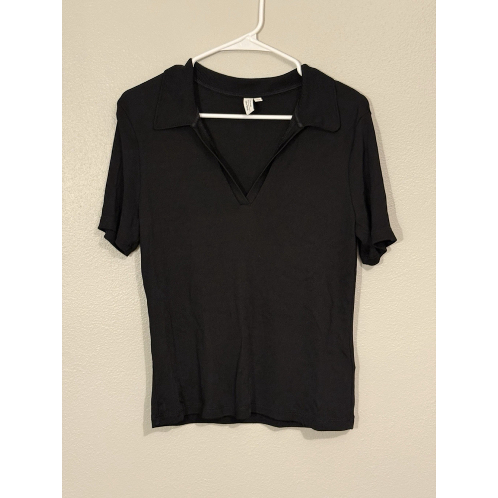 Paris Atelier & Other Stories Black V-neck Open Collar Knit Cropped Top Women 10